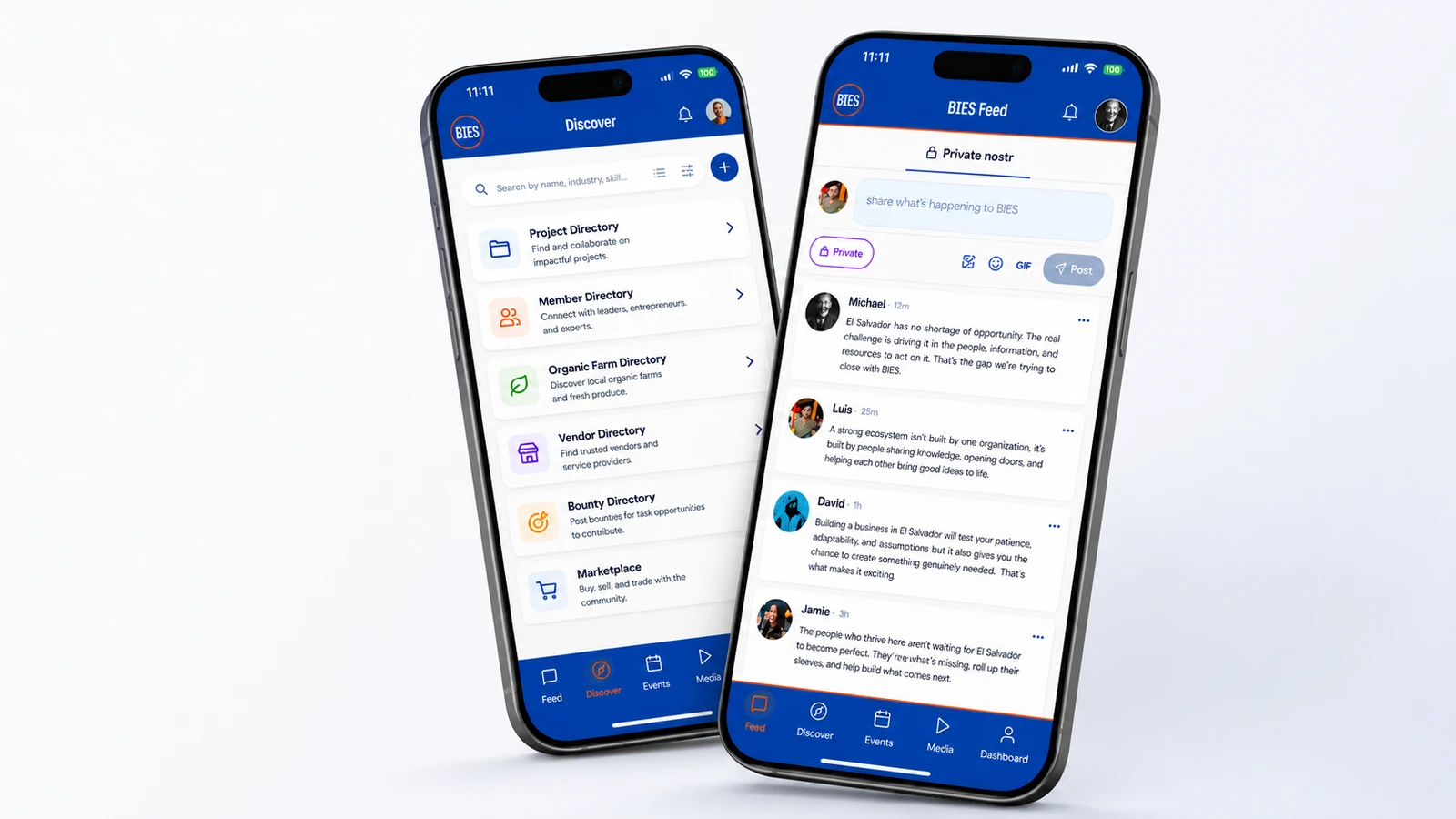 The BIES digital app shown on two phones: the directory list and the private Nostr feed